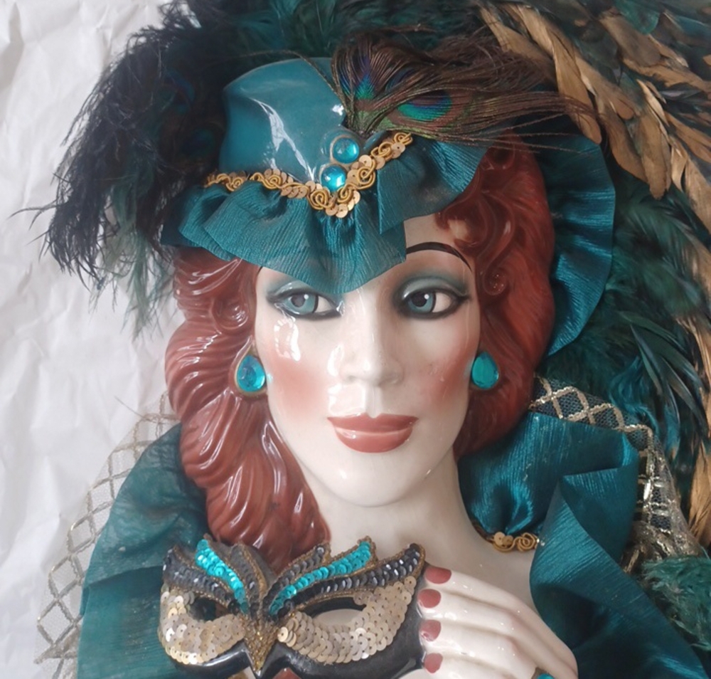 Elegant Lady In Teal and Gold Feathered Musical Mask Wall Hanging - Picture 3 of 7